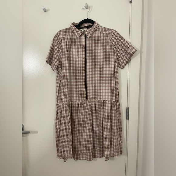 Medium Maroon Gingham Drop Waist Collared Shirt Dress - Picture 3 of 5